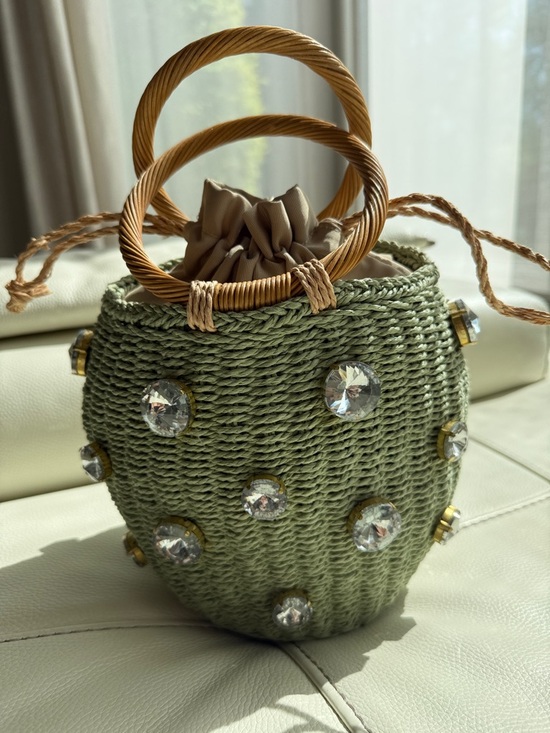 Zara Handbags - Zara Rhinestone Crystal Embellished Mini Straw Bucket Bag-